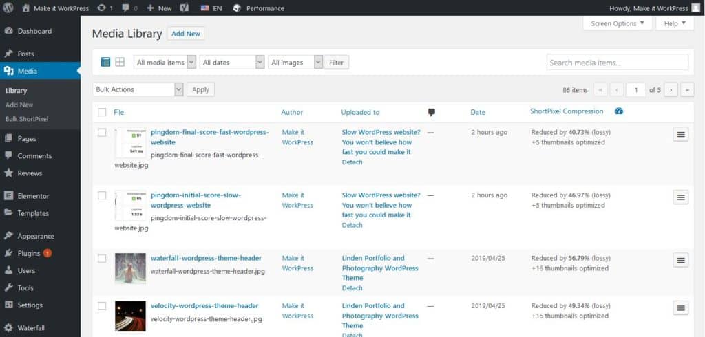 Compressed Images by Shortpixel in the WordPress Media Library.