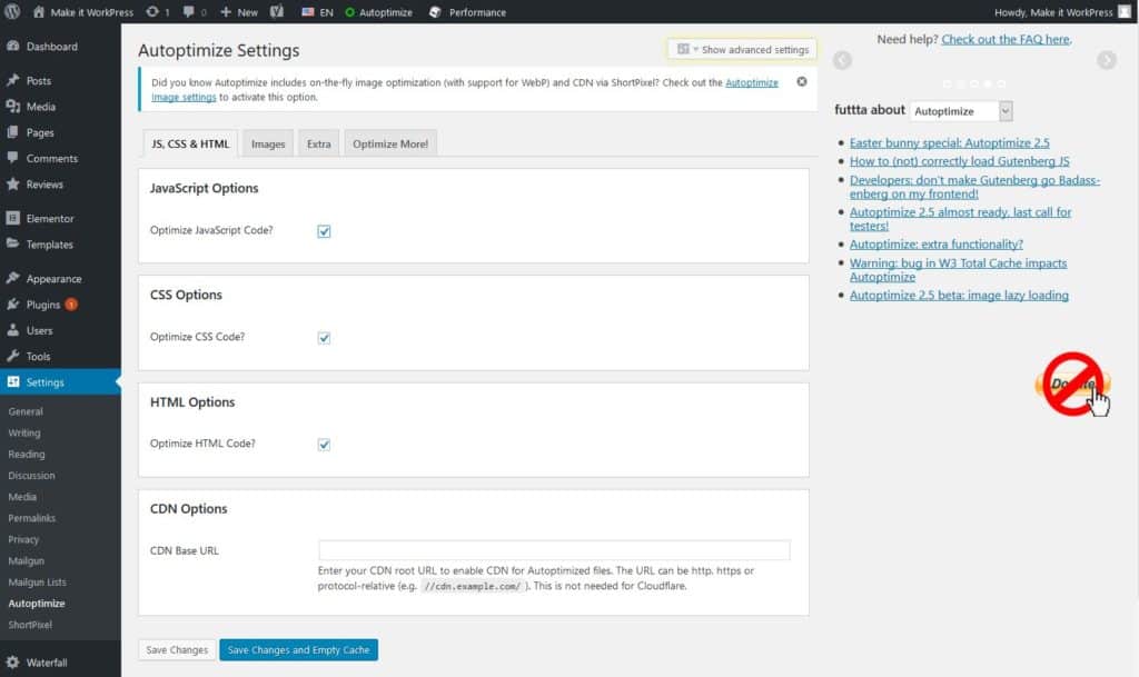 The Option Screen for Autoptimize