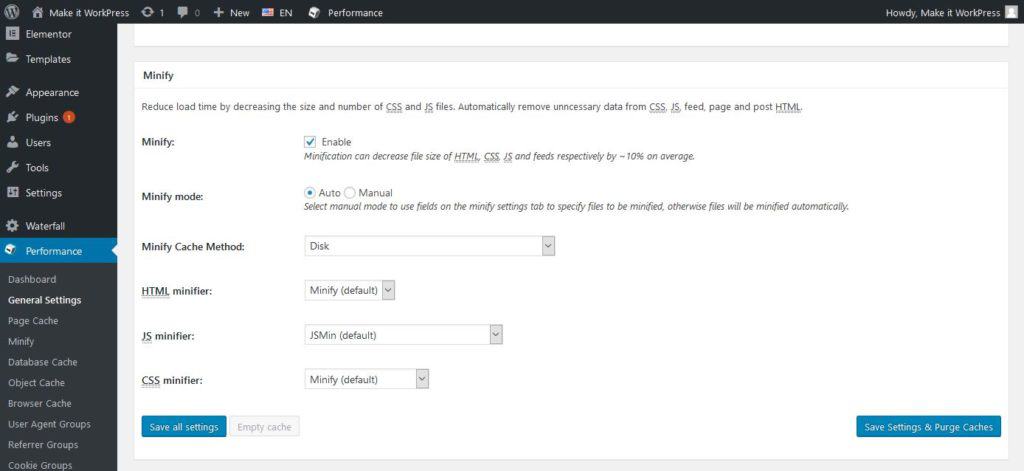 W3 Total Cache General Settings Minification Screen for WordPress